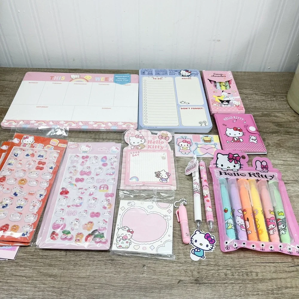 Sanrio Hello Kitty Stationery Set Weekly Desk Pad Stickers Highlighters Pens